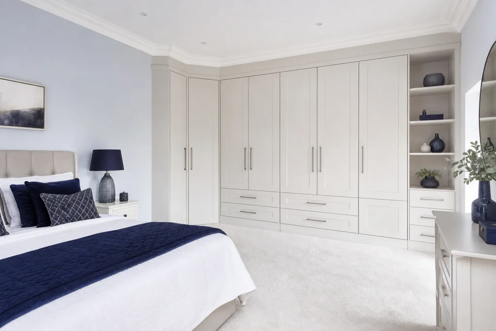 Bright bedroom with white fitted corner wardrobes and low built-in storage.