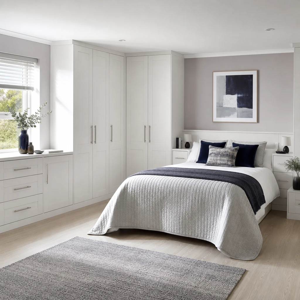 Coordinated fitted bedroom with white wardrobes and matching low storage.