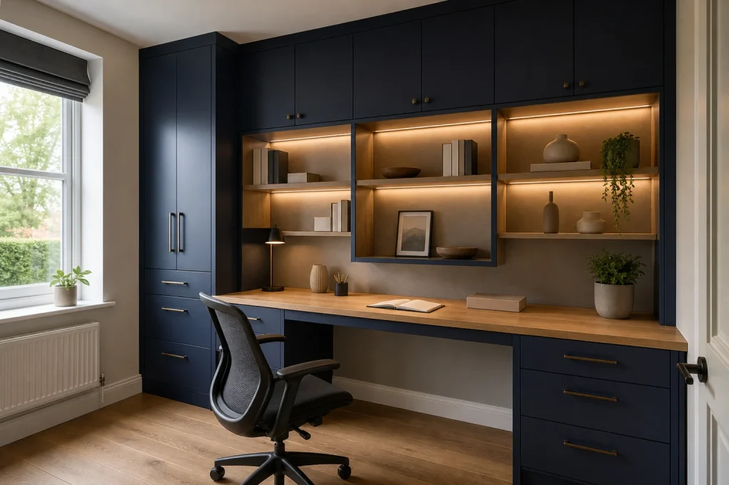 Fitted home office storage with cupboards and shelves
