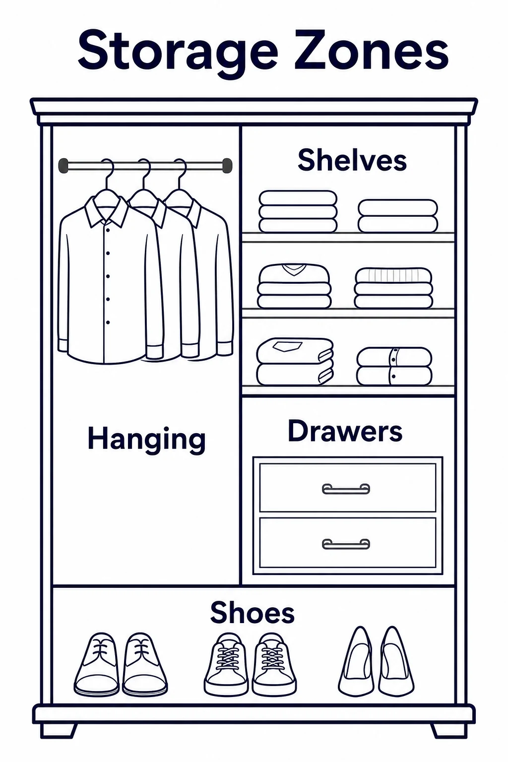 Graphic showing fitted wardrobe storage zones for hanging, shelves, drawers and shoes