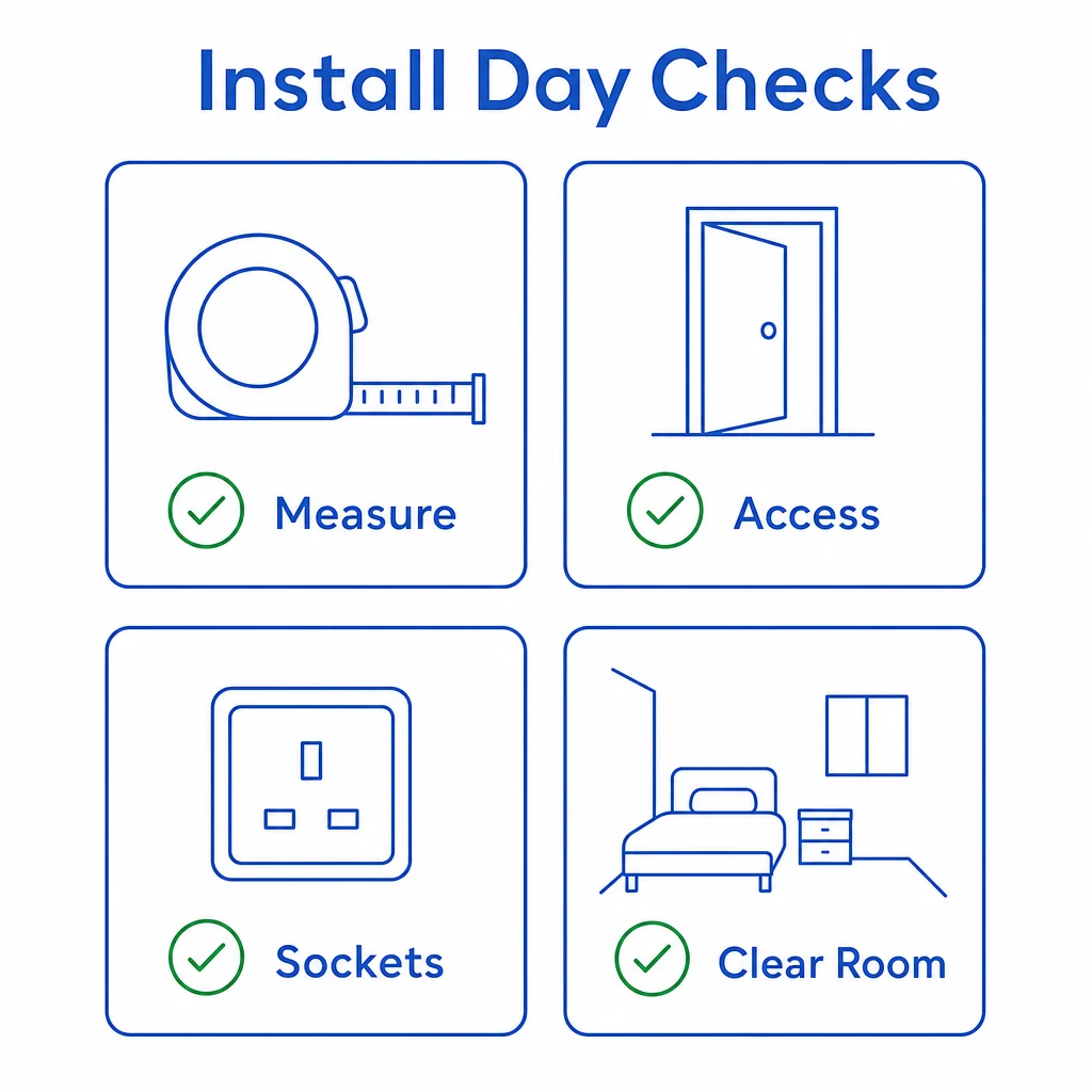 Install day checklist showing measuring, access, sockets and clearing the room.