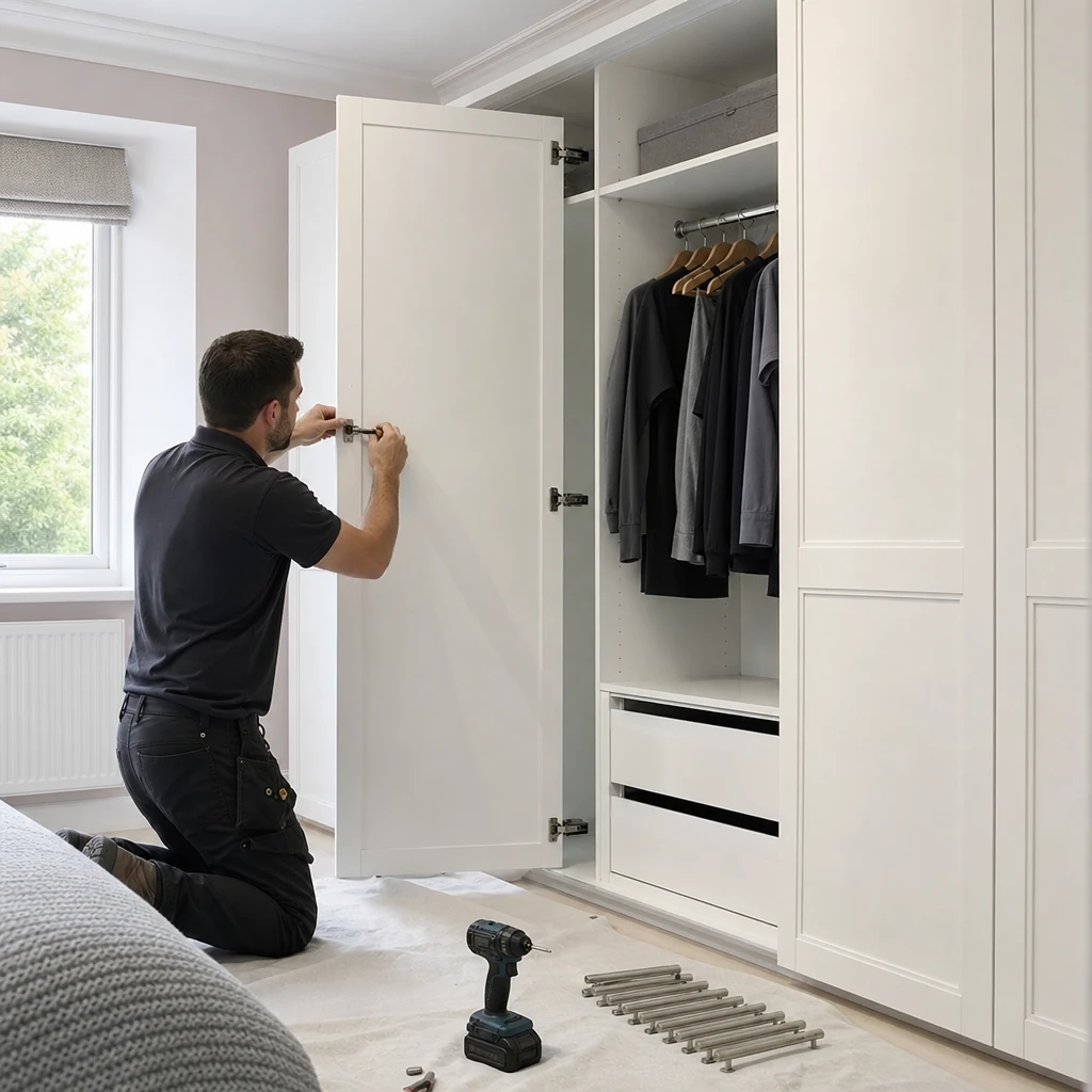Installer adjusting hinges on white shaker-style fitted wardrobe doors.