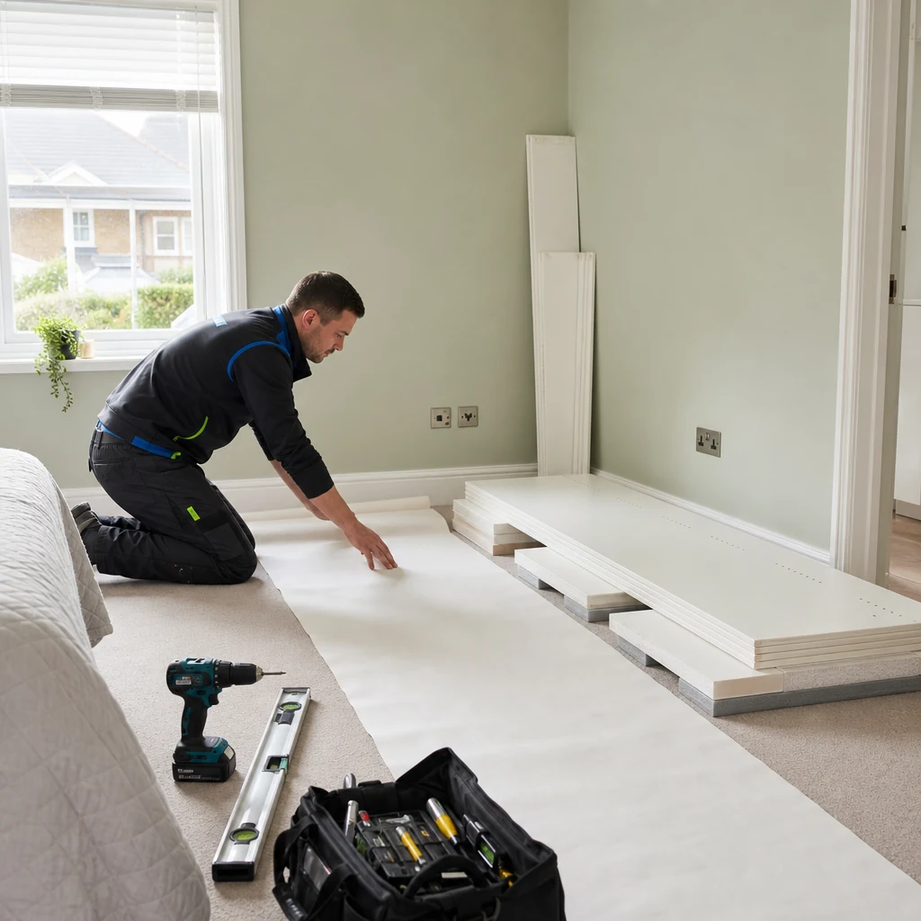 Installer protecting a bedroom floor before fitting wardrobes.