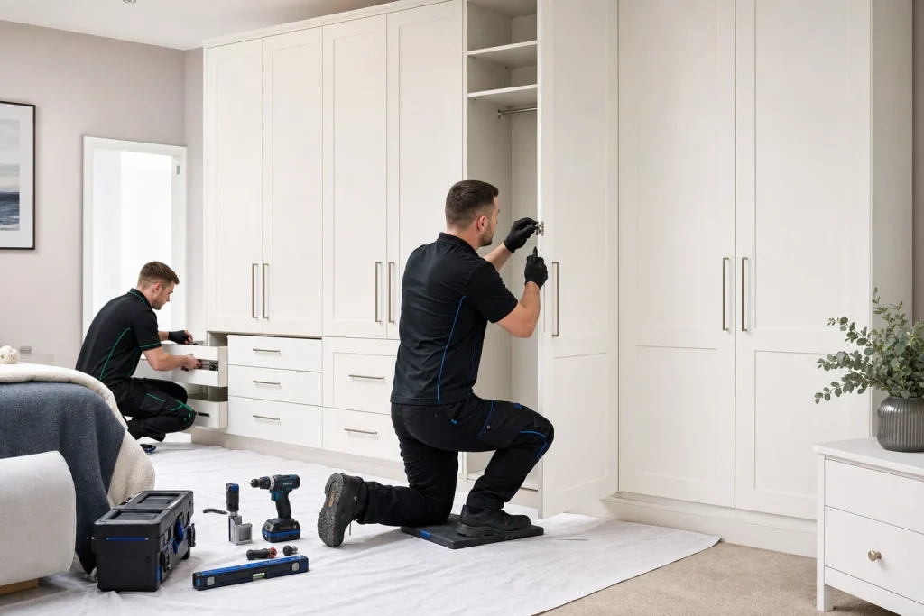 Installers fitting white shaker-style wardrobes in a bright bedroom.
