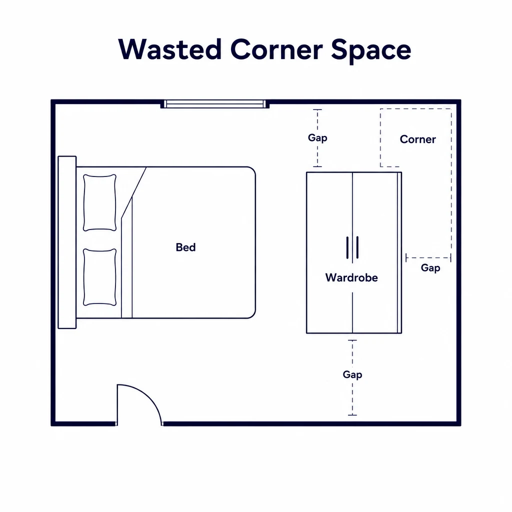 Plan graphic showing a bedroom corner wasted by gaps around freestanding storage.