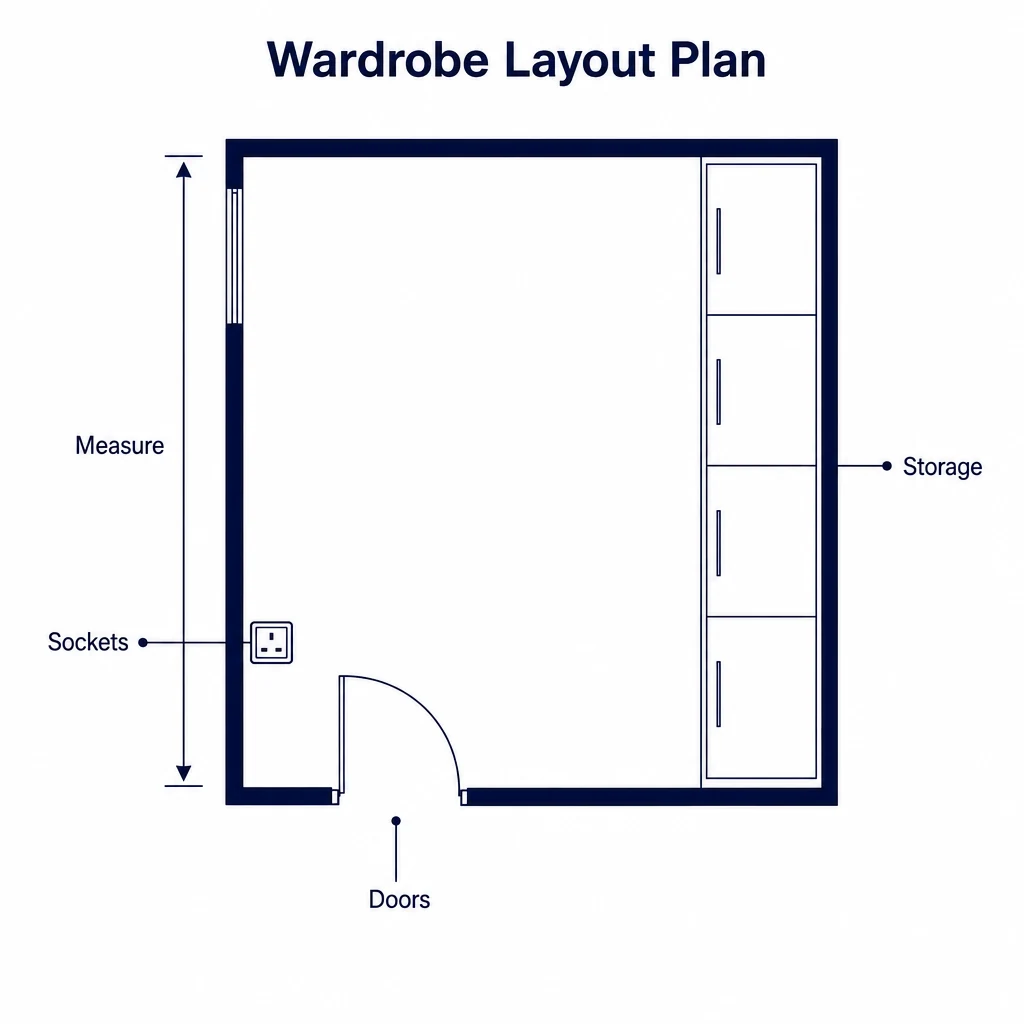 Planning graphic for measuring doors, sockets and storage in a fitted wardrobe layout.