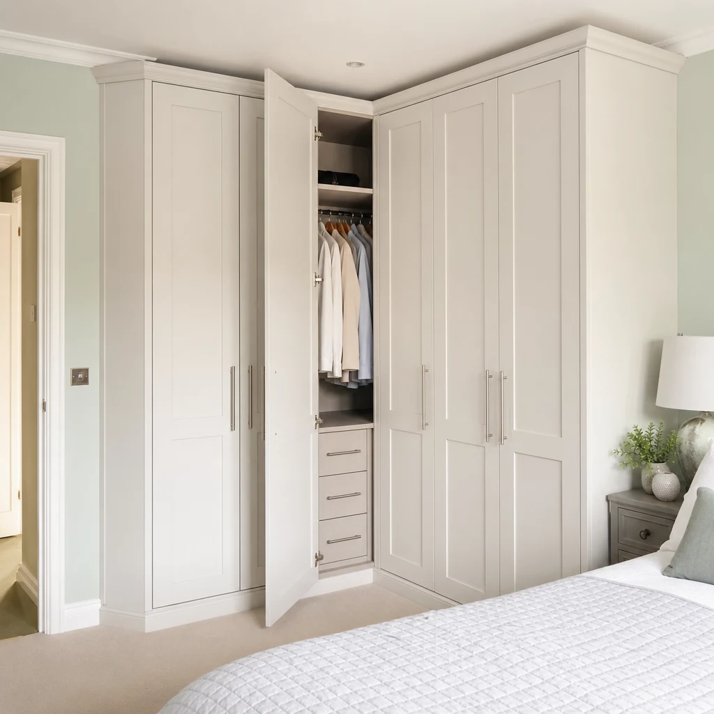 White fitted corner wardrobe wrapping neatly into an awkward bedroom corner.