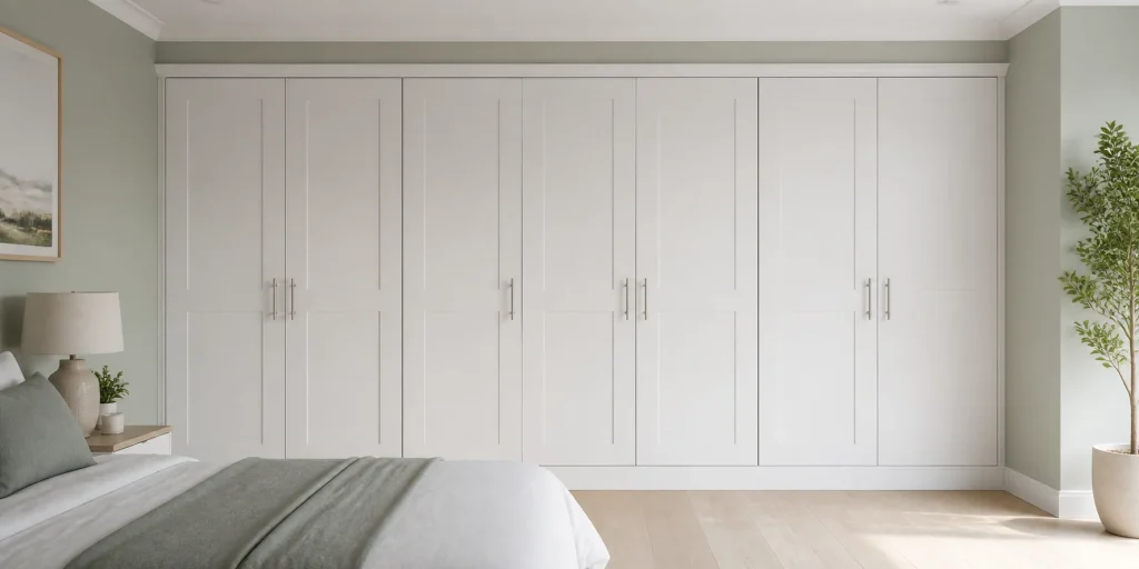 Bright bedroom with white shaker fitted wardrobes and slim metal handles