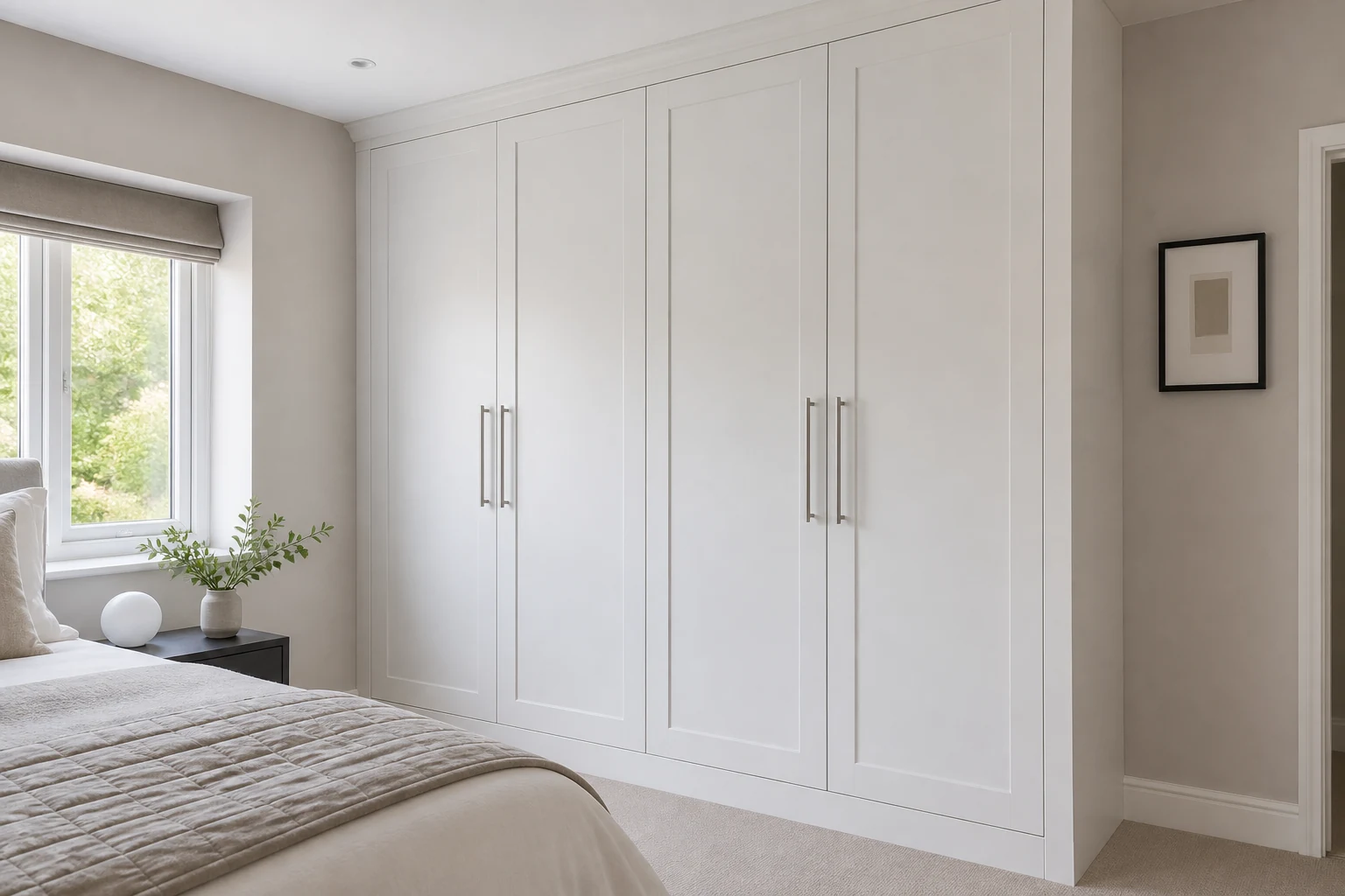 White shaker wardrobe doors with slim brushed metal handles