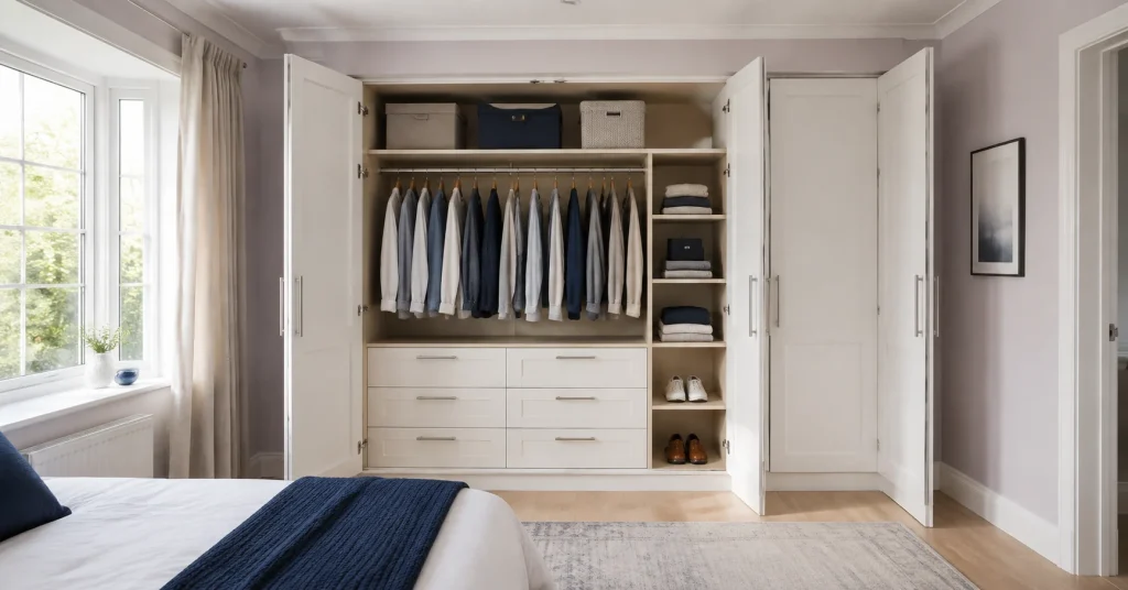 Bright fitted wardrobe interior with rails, drawers, shelves and shoe storage in a tidy bedroom.