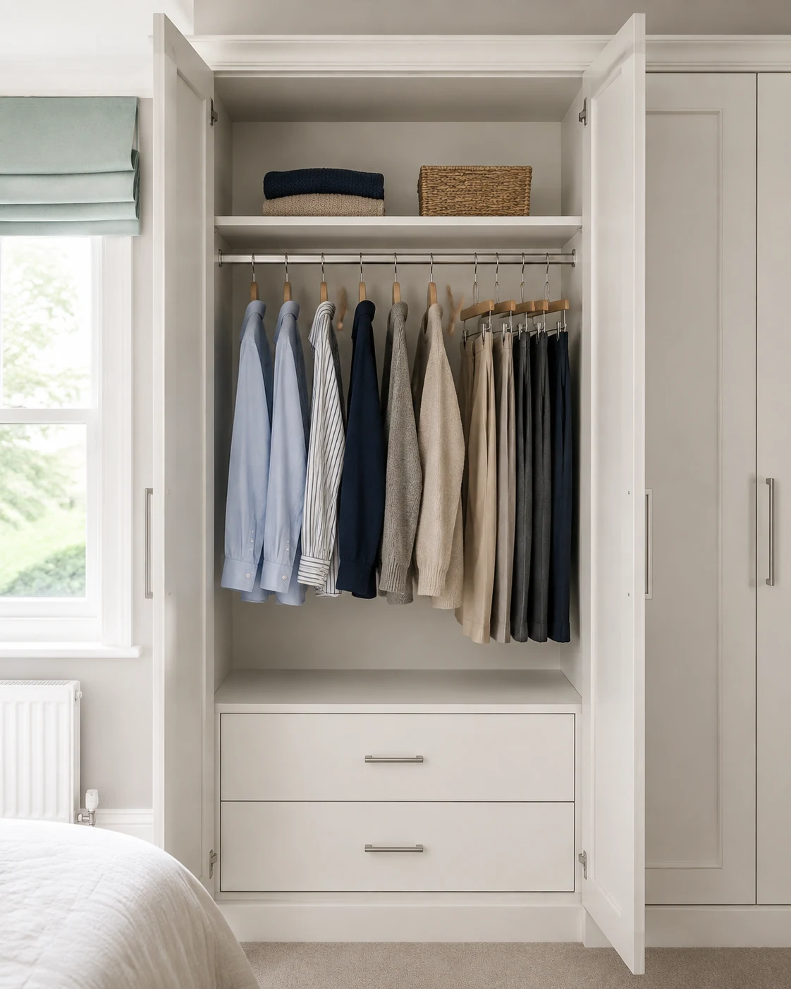 Everyday clothes arranged at easy reach inside a white fitted wardrobe.