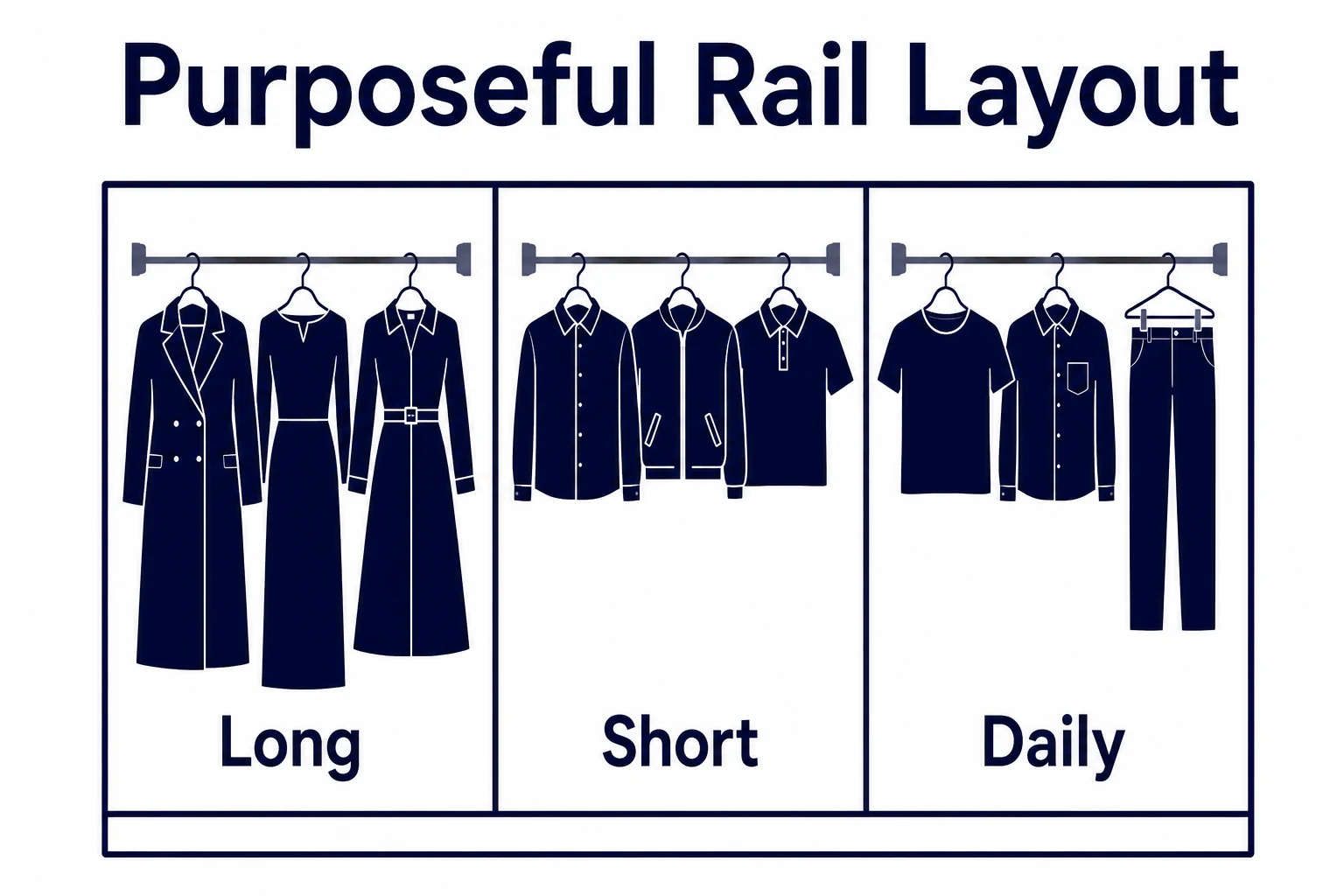 Graphic showing long, short and daily hanging rail zones in a wardrobe.