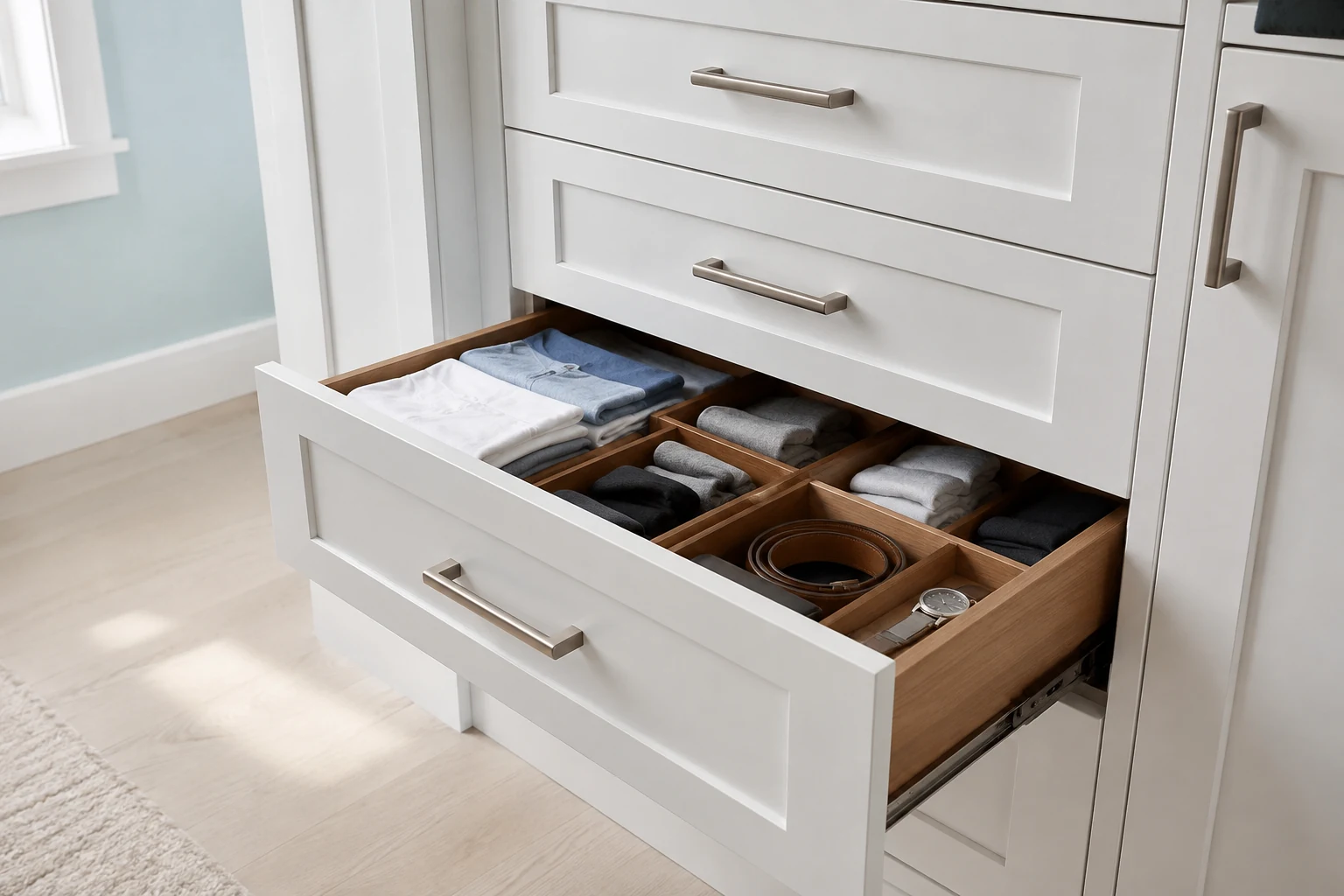Open fitted wardrobe drawer with neatly organised folded clothes and accessories.